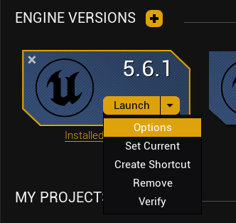 Epic Games Launcher engine version dropdown with Options highlighted