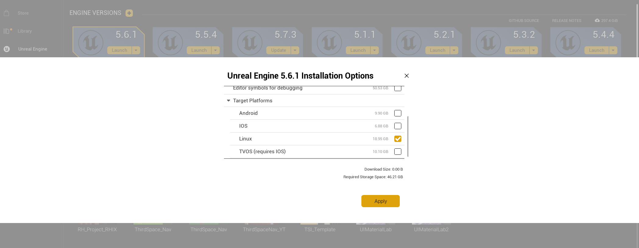 Installation Options showing Linux checked under Target Platforms